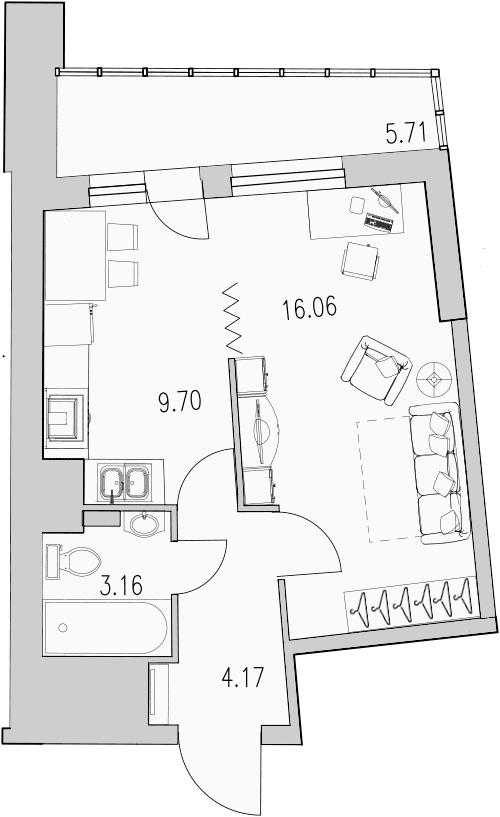 1-комнатная квартира, 39.1 м² в ЖК "Байрон" - планировка, фото №1