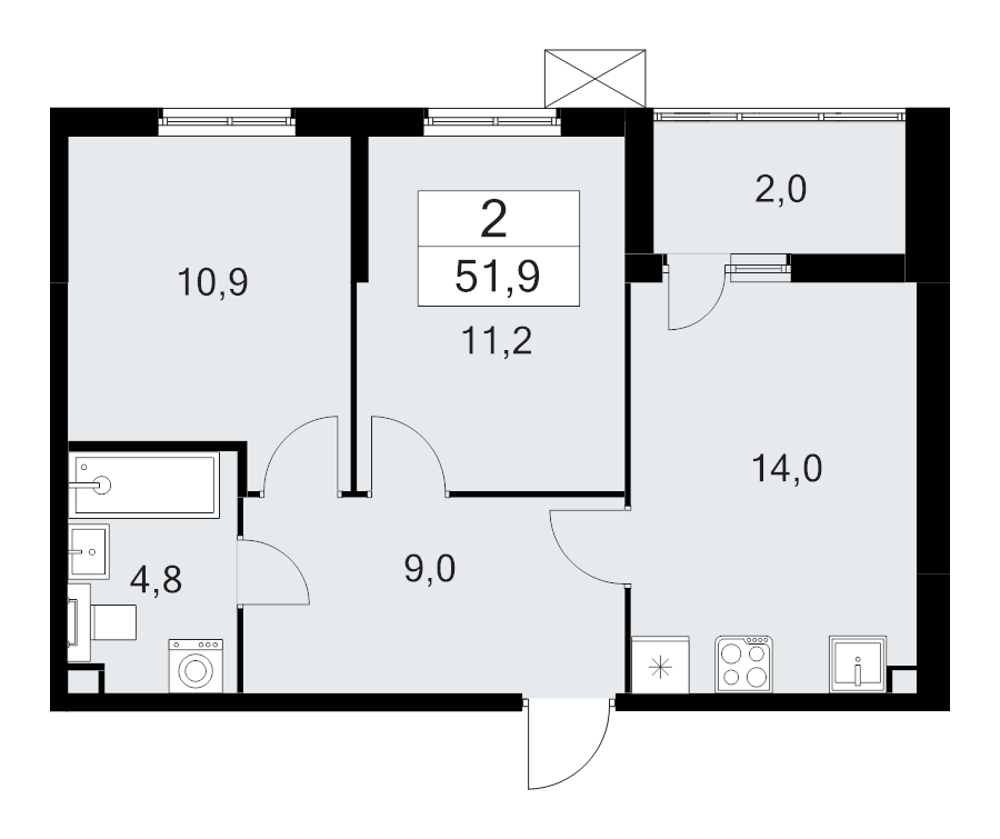 2-комнатная квартира, 51.9 м² в ЖК "А101 Лаголово" - планировка, фото №1