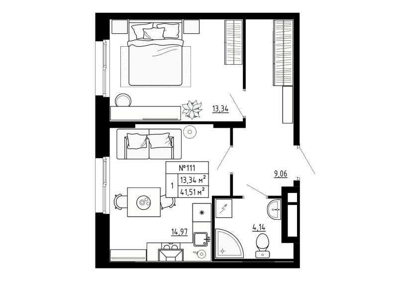 1-комнатная квартира, 41.7 м² в ЖК "Аннино Сити" - планировка, фото №1
