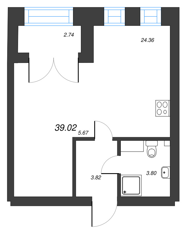 1-комнатная квартира, 39.02 м² - планировка, фото №1