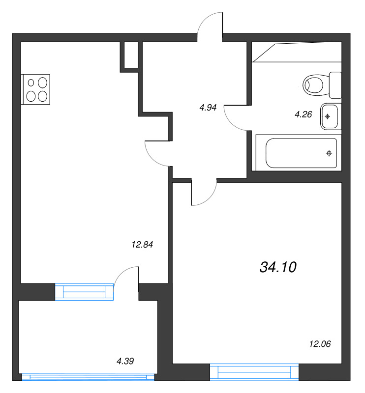 1-комнатная квартира, 34.1 м² в ЖК "ЮгТаун" - планировка, фото №1