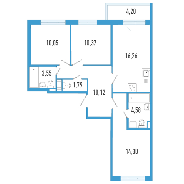 4-комнатная (Евро) квартира, 72.28 м² - планировка, фото №1
