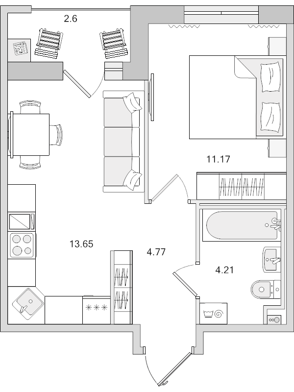 2-комнатная (Евро) квартира, 36.4 м² в ЖК "Город Первых" - планировка, фото №1