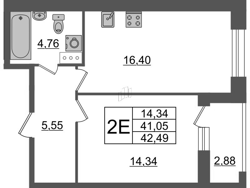 2-комнатная (Евро) квартира, 42.49 м² - планировка, фото №1 2-комнатная (Евро) квартира, 42.49 м² - планировка, фото №1