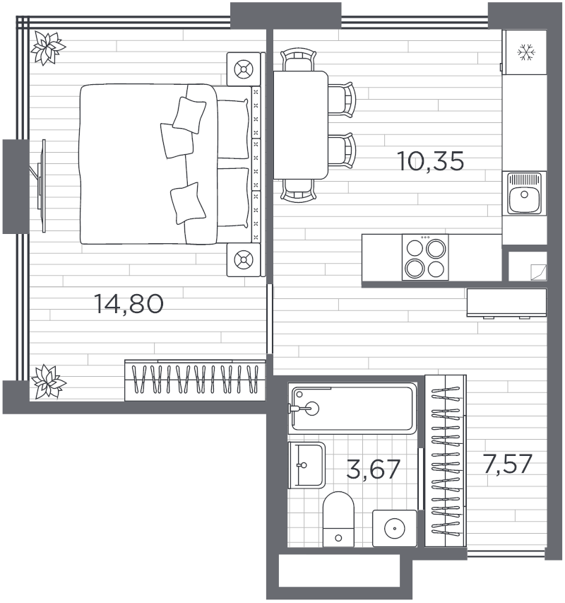 1-комнатная квартира, 36.39 м² - планировка, фото №1