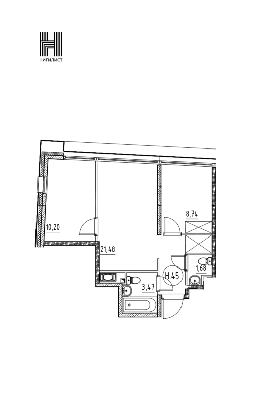 3-комнатная (Евро) квартира, 45.57 м² в ЖК "Nigilist" - планировка, фото №1