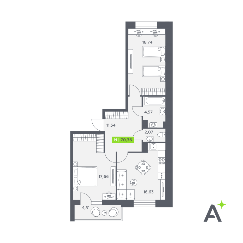3-комнатная (Евро) квартира, 70.36 м² в ЖК "Аквилон РекаПарк" - планировка, фото №1