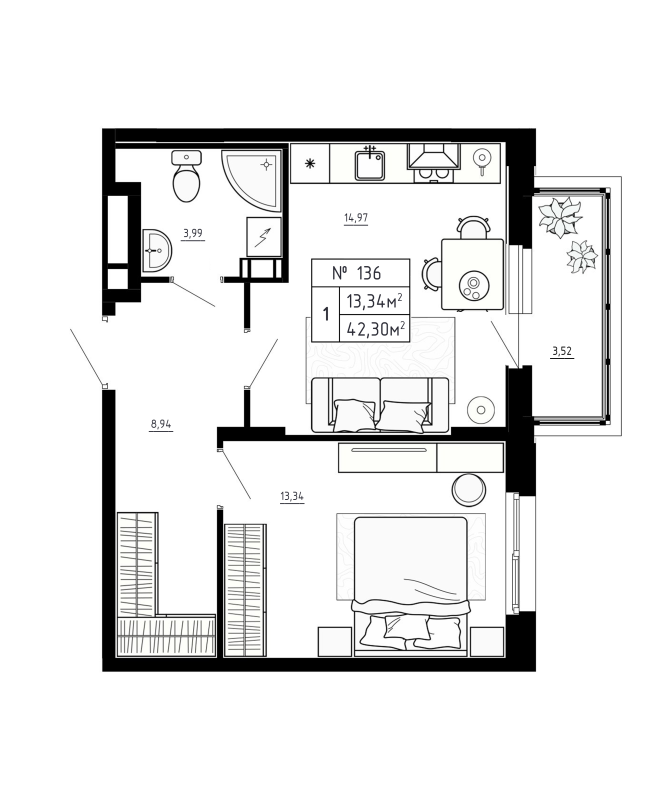 1-комнатная квартира, 42.3 м² в ЖК "Аннино Сити" - планировка, фото №1