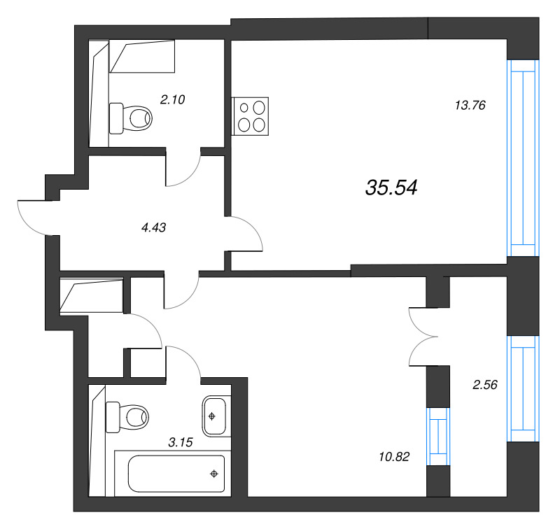 1-комнатная квартира, 35.54 м² в ЖК "Цивилизация на неве" - планировка, фото №1