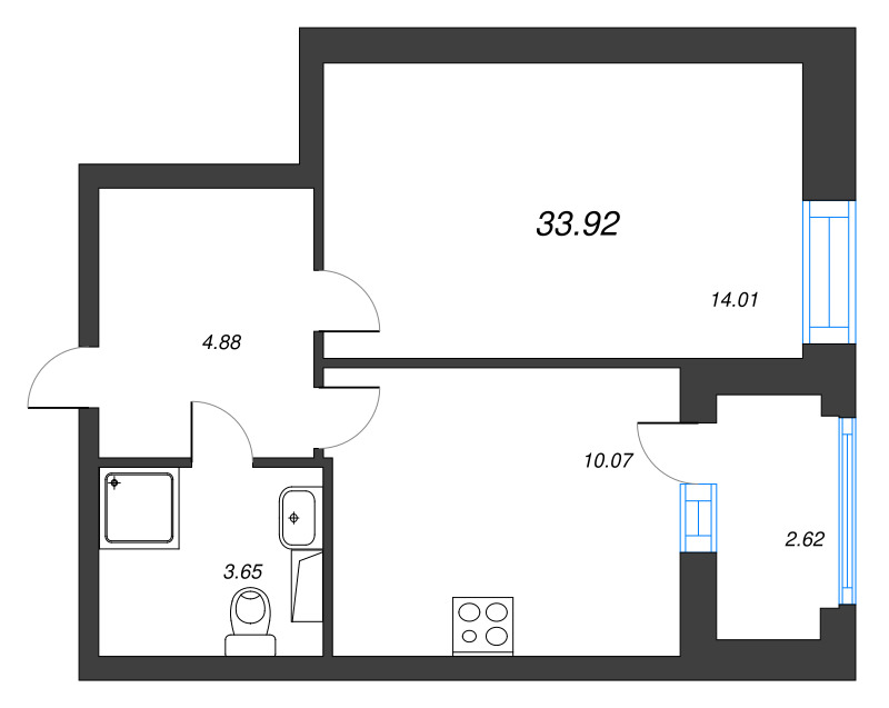 1-комнатная квартира, 33.92 м² в ЖК "Аквилон Leaves" - планировка, фото №1
