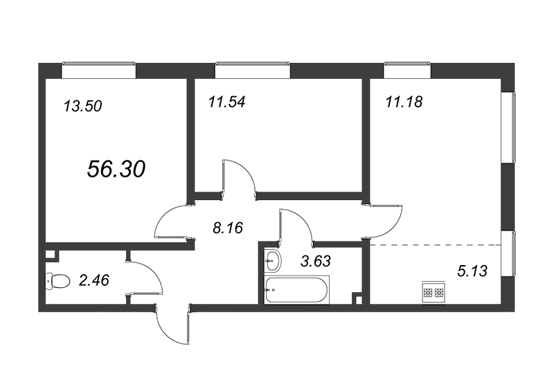 2-комнатная (Евро) квартира, 56.5 м² в ЖК "Морская миля" - планировка, фото №1