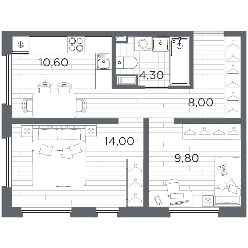 2-комнатная квартира, 48.2 м² в ЖК "Плюс Пулковский" - планировка, фото №1