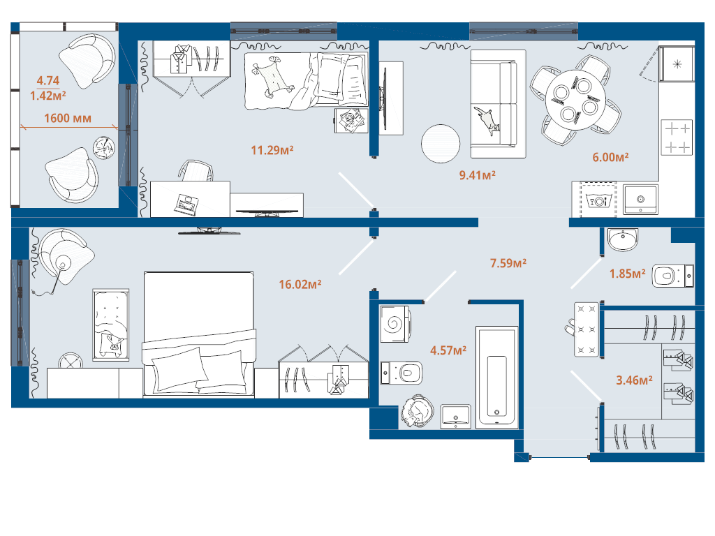 2-комнатная квартира, 61.61 м² - планировка, фото №1