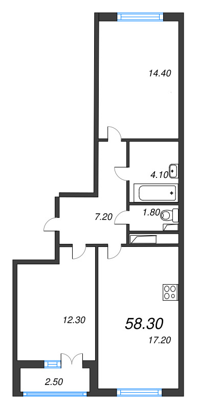 3-комнатная (Евро) квартира, 58.2 м² - планировка, фото №1