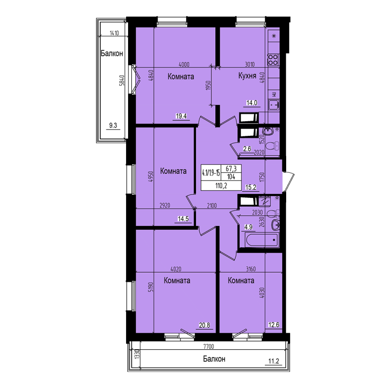 4-комнатная квартира, 110.2 м² - планировка, фото №1