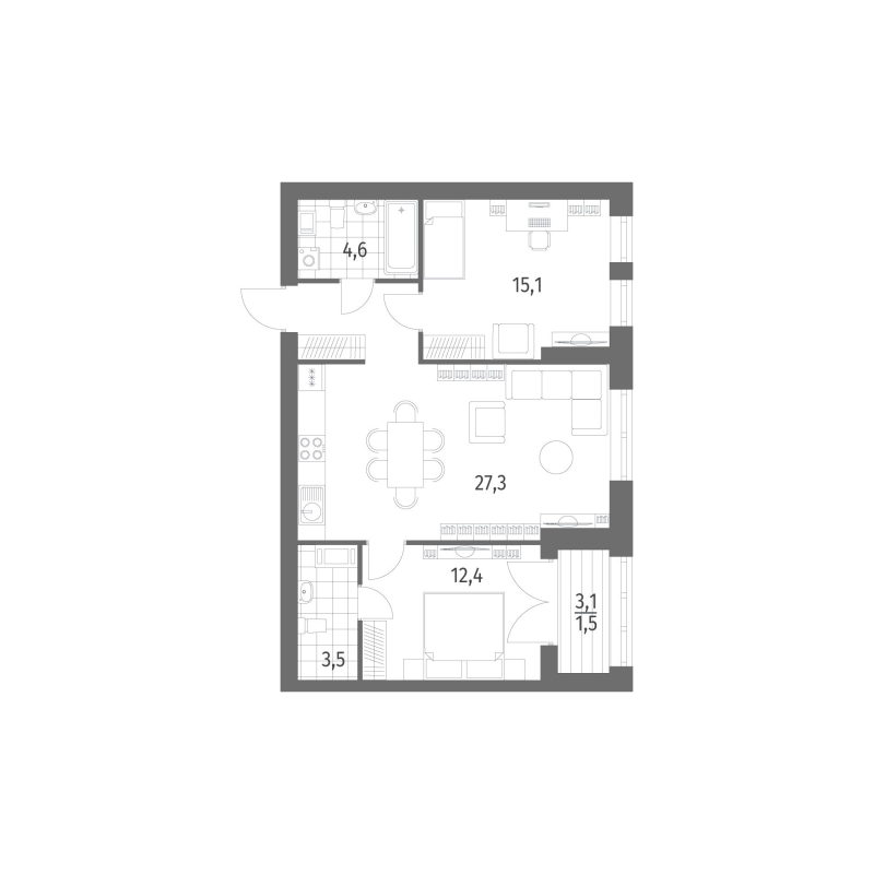 3-комнатная (Евро) квартира, 69.13 м² в ЖК "Наука" - планировка, фото №1