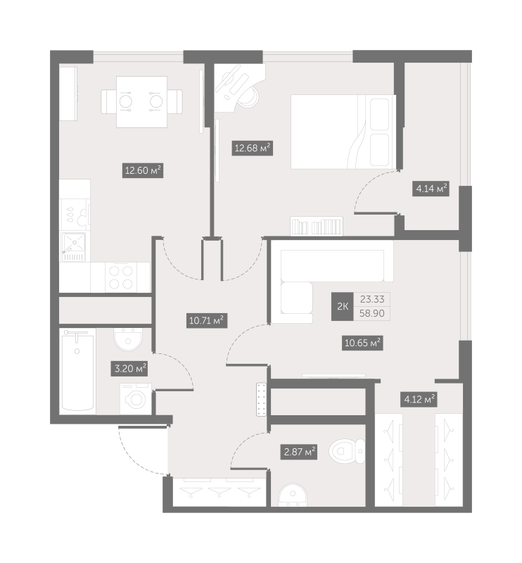 2-комнатная квартира, 58.9 м² - планировка, фото №1