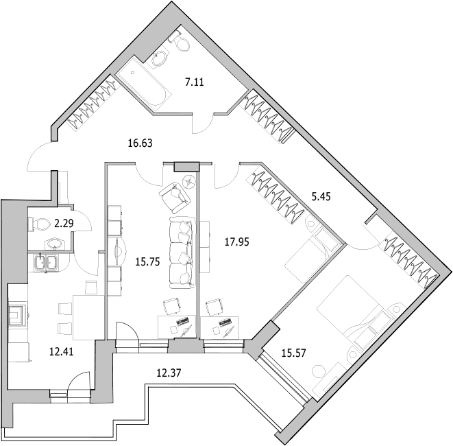 3-комнатная квартира, 96.9 м² в ЖК "Байрон" - планировка, фото №1