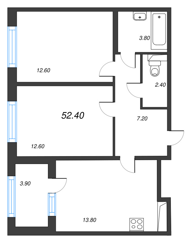 2-комнатная квартира, 52.4 м² - планировка, фото №1