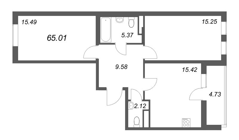 3-комнатная (Евро) квартира, 65.01 м² в ЖК "Новая история" - планировка, фото №1