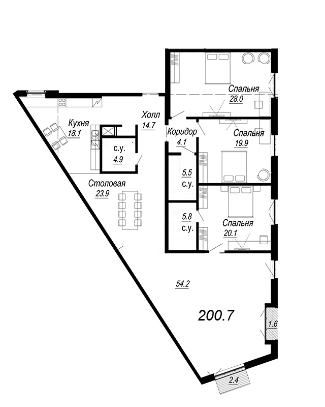 4-комнатная квартира, 204.97 м² - планировка, фото №1