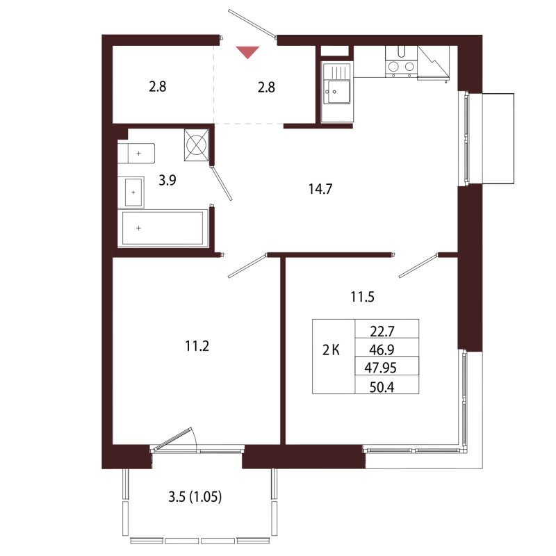 2-комнатная квартира, 47.95 м² в ЖК "Лисино" - планировка, фото №1