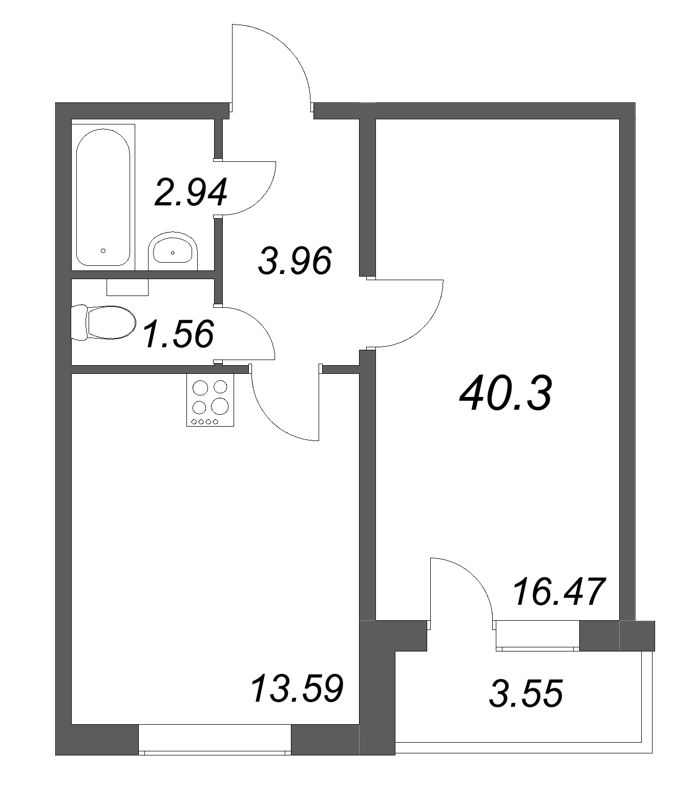 1-комнатная квартира, 40.3 м² в ЖК "АРО" - планировка, фото №1