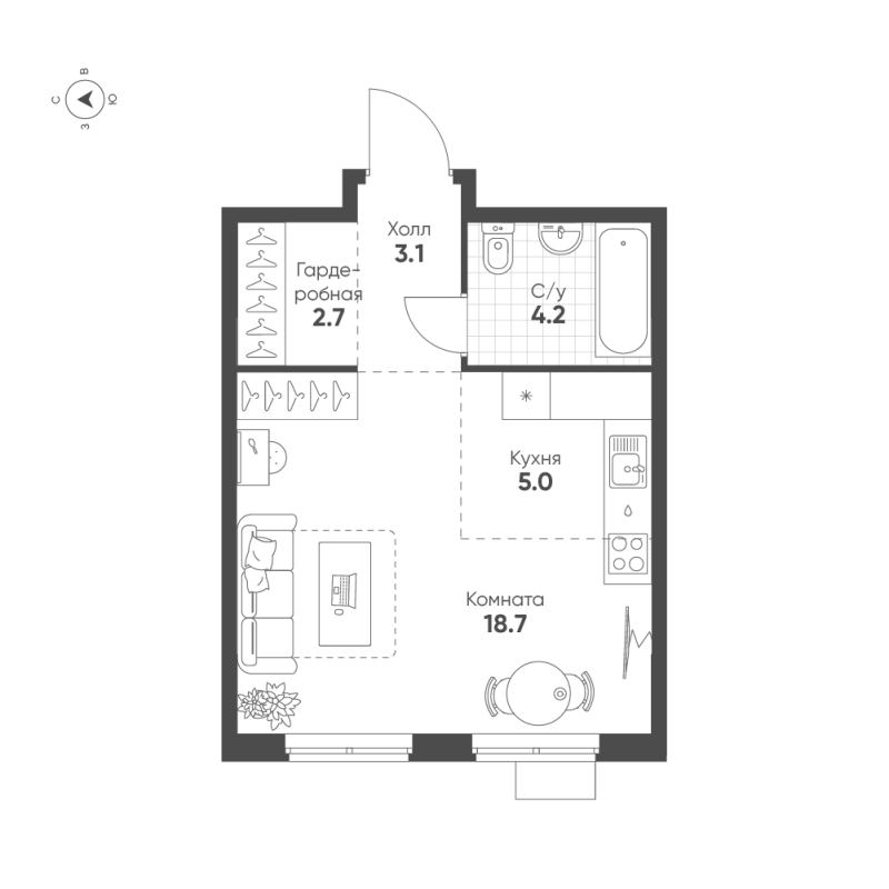 Квартира-студия, 33.7 м² в ЖК "Ягодное Река Парк" - планировка, фото №1