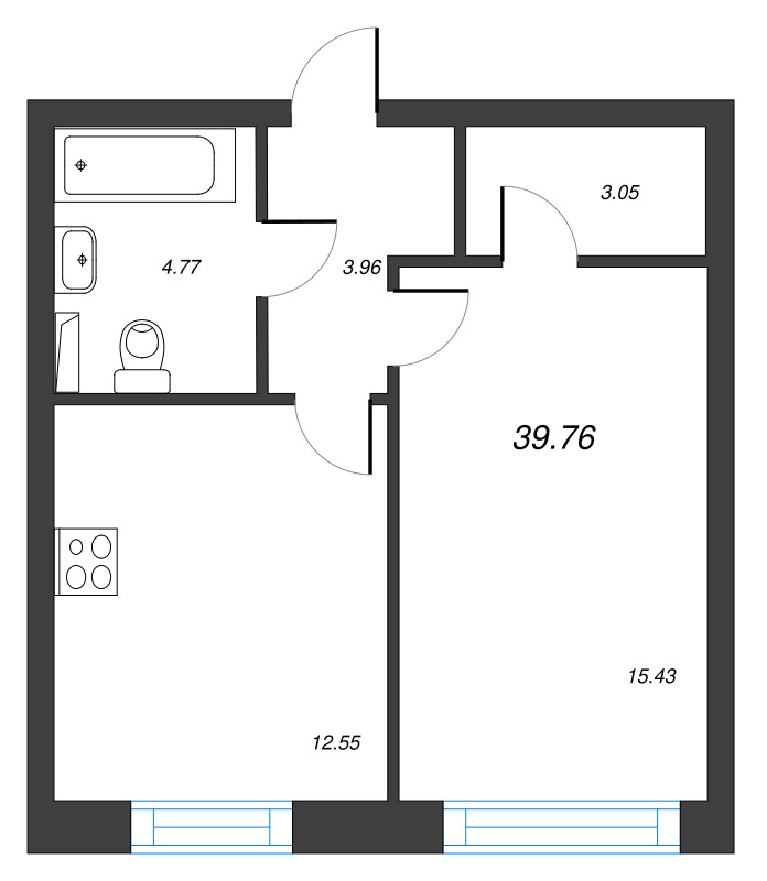 1-комнатная квартира, 39.76 м² в ЖК "Кронфорт. Центральный" - планировка, фото №1