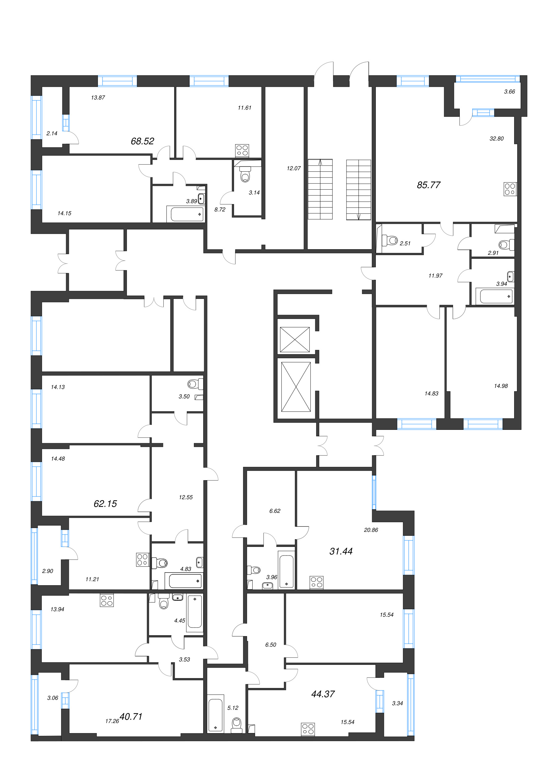 2-комнатная квартира, 62.15 м² в ЖК "Аквилон Leaves" - планировка этажа