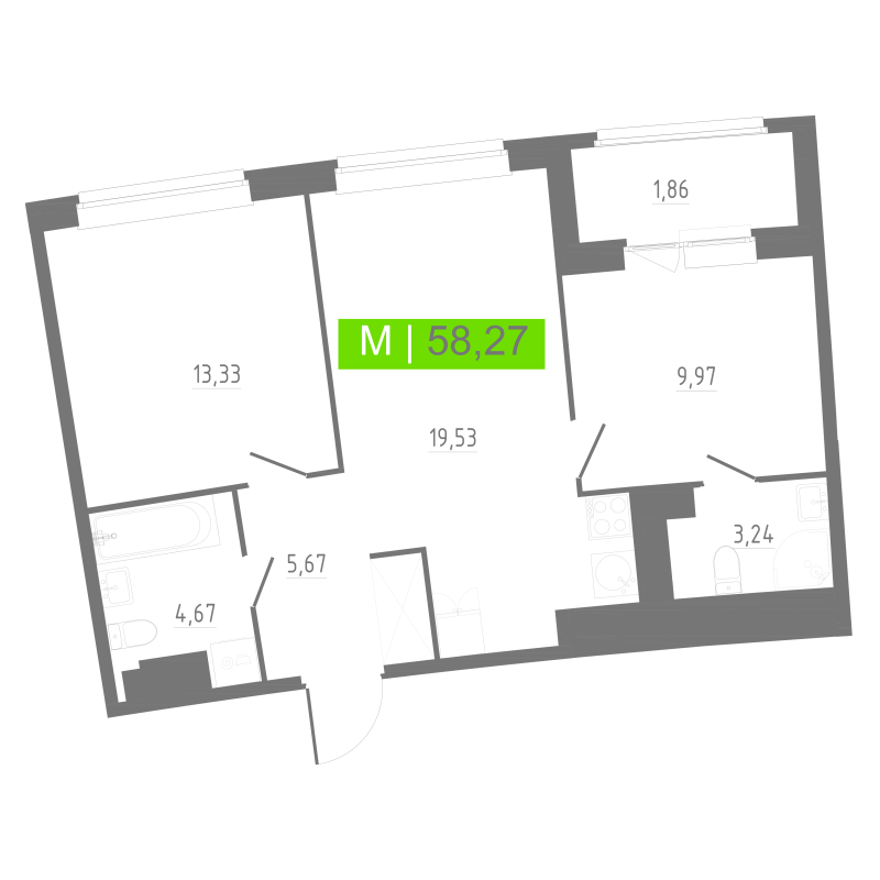 3-комнатная (Евро) квартира, 58.27 м² в ЖК "Аквилон РИВА" - планировка, фото №1