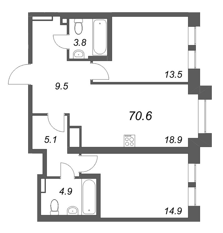 3-комнатная (Евро) квартира, 70.6 м² в ЖК "Коллекционер" - планировка, фото №1