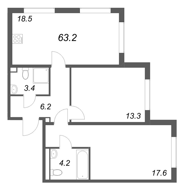 3-комнатная (Евро) квартира, 63.2 м² в ЖК "Пулково Лейк" - планировка, фото №1