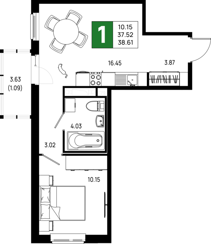 2-комнатная (Евро) квартира, 38.61 м² в ЖК "Имена" - планировка, фото №1