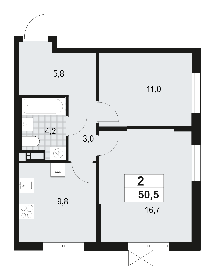 2-комнатная квартира, 50.5 м² - планировка, фото №1
