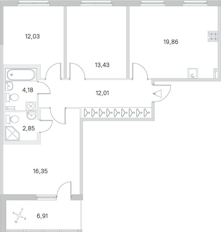4-комнатная (Евро) квартира, 80.71 м² - планировка, фото №1