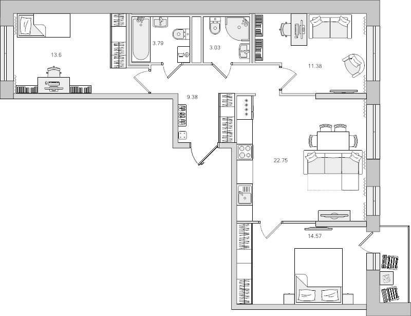 4-комнатная (Евро) квартира, 74.29 м² - планировка, фото №1