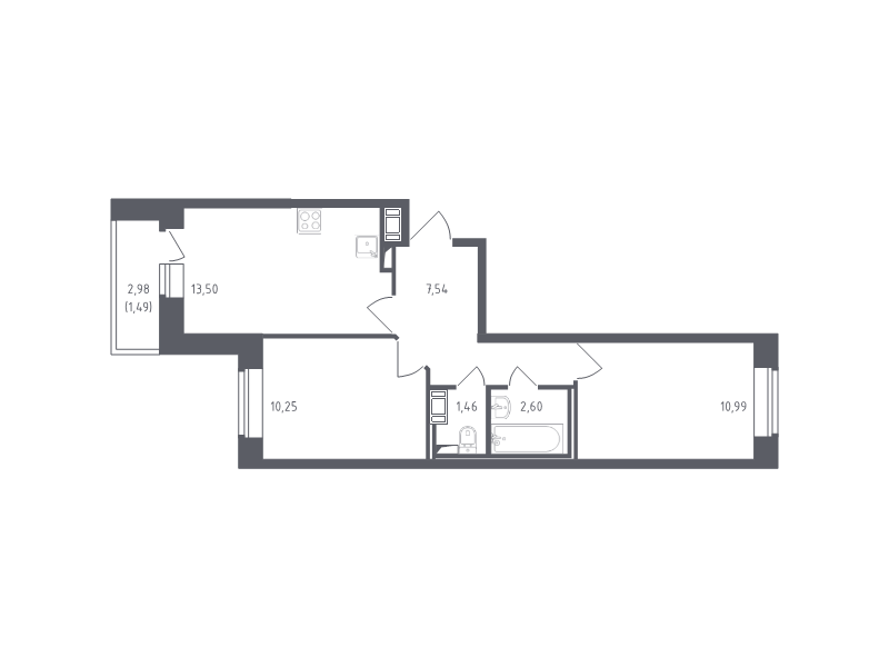 2-комнатная квартира, 47.4 м² в ЖК "Новое Колпино" - планировка, фото №1