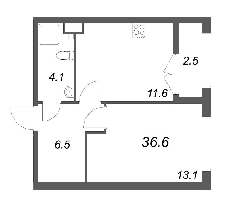 1-комнатная квартира, 36.6 м² в ЖК "Кронунг ЮГ" - планировка, фото №1
