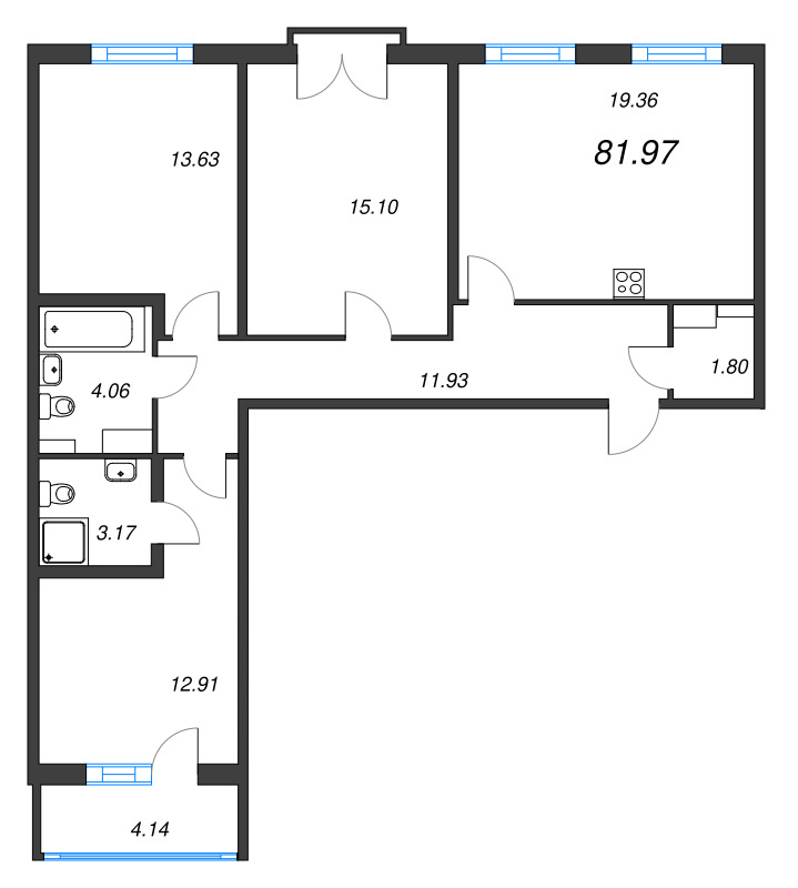 4-комнатная (Евро) квартира, 81.97 м² - планировка, фото №1