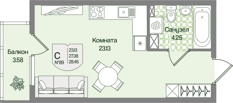 Квартира-студия, 28.45 м² в ЖК "Охтинские высоты" - планировка, фото №1