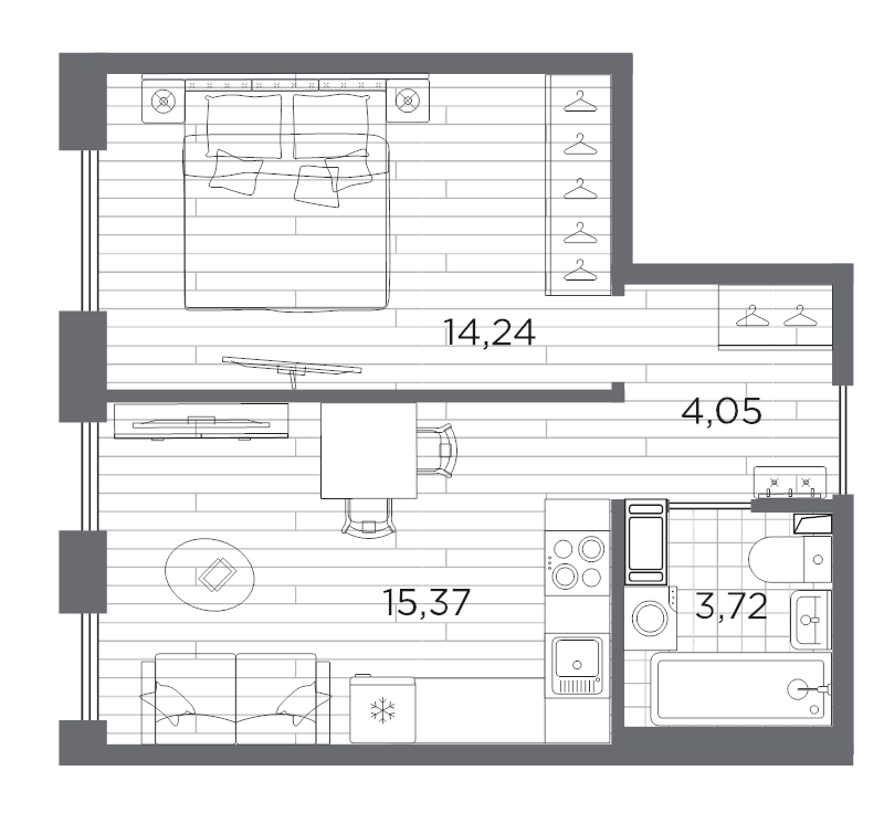 2-комнатная (Евро) квартира, 37.38 м² в ЖК "Сезоны" - планировка, фото №1