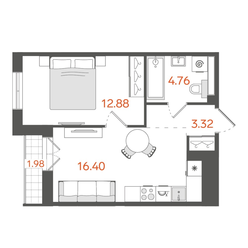2-комнатная (Евро) квартира, 38.2 м² в ЖК "STAVNI Обводный" - планировка, фото №1