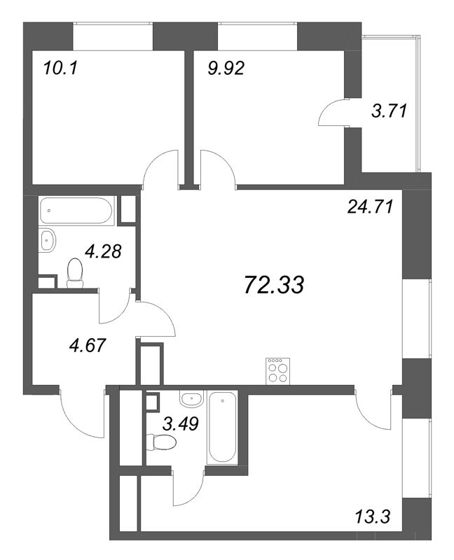 4-комнатная (Евро) квартира, 72.33 м² в ЖК "Аквилон Солар" - планировка, фото №1