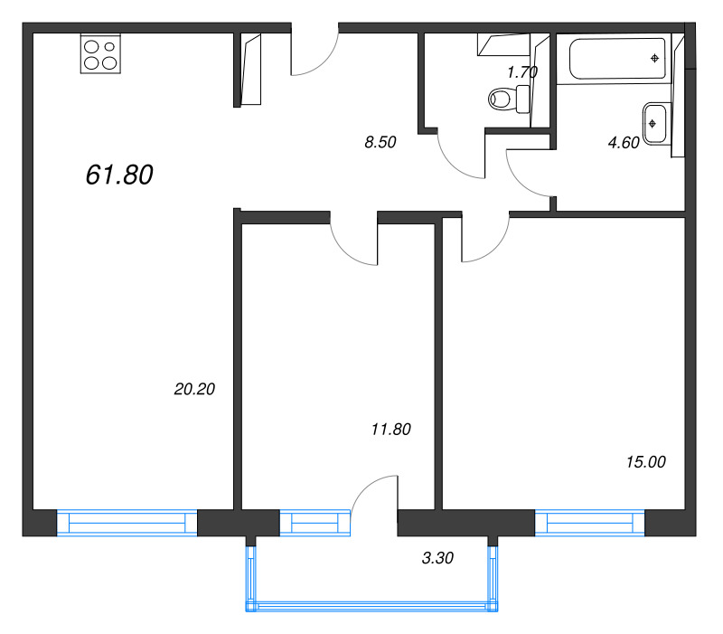 3-комнатная (Евро) квартира, 61.8 м² в ЖК "Руднева 15" - планировка, фото №1