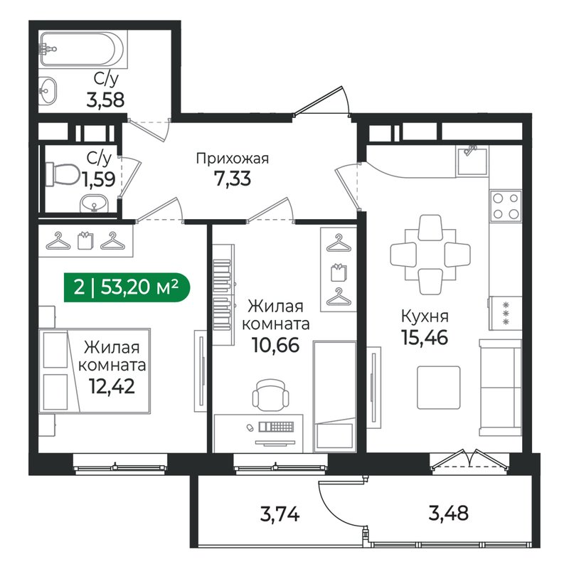 3-комнатная (Евро) квартира, 53.2 м² в ЖК "Сертолово Парк" - планировка, фото №1