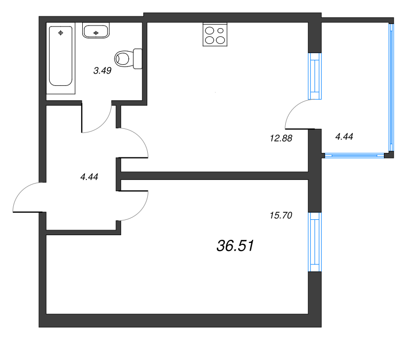 1-комнатная квартира, 36.51 м² - планировка, фото №1