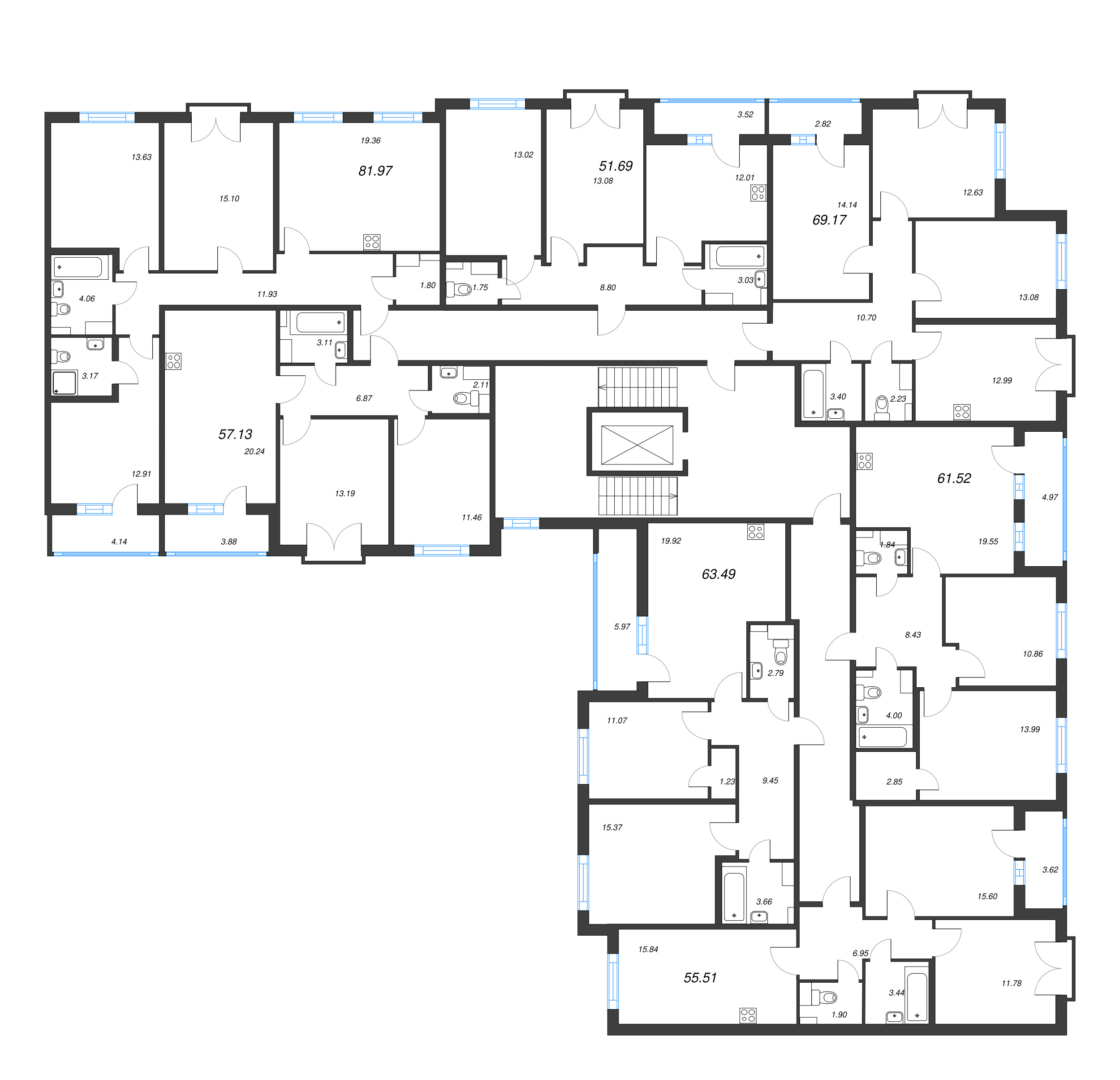 3-комнатная (Евро) квартира, 55.51 м² - планировка этажа