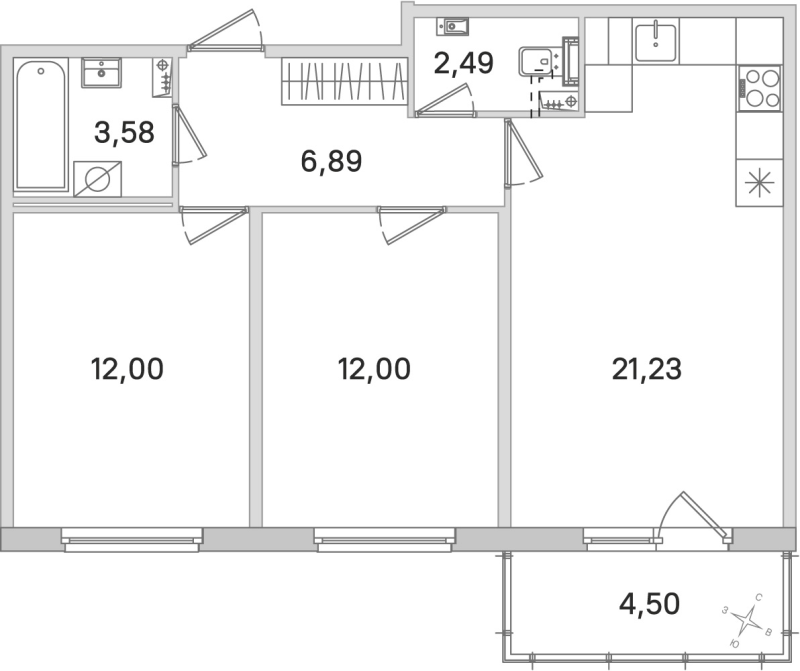 3-комнатная (Евро) квартира, 58.19 м² в ЖК "Любоград" - планировка, фото №1