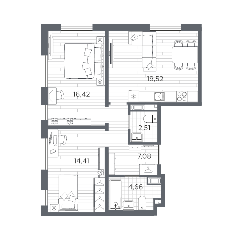 3-комнатная (Евро) квартира, 64.6 м² в ЖК "Плюс Пулковский" - планировка, фото №1